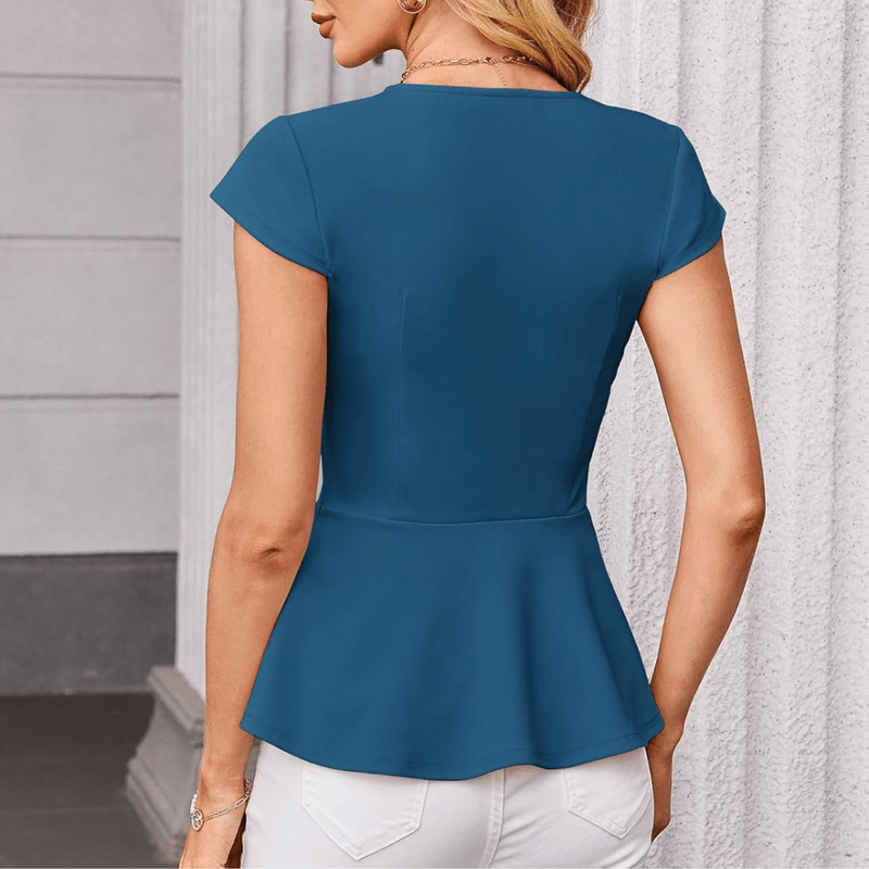 Jaz Elegant Blouse for Women – V-Neck, Cap Sleeves, Structured Cut & Ruffle Hem
