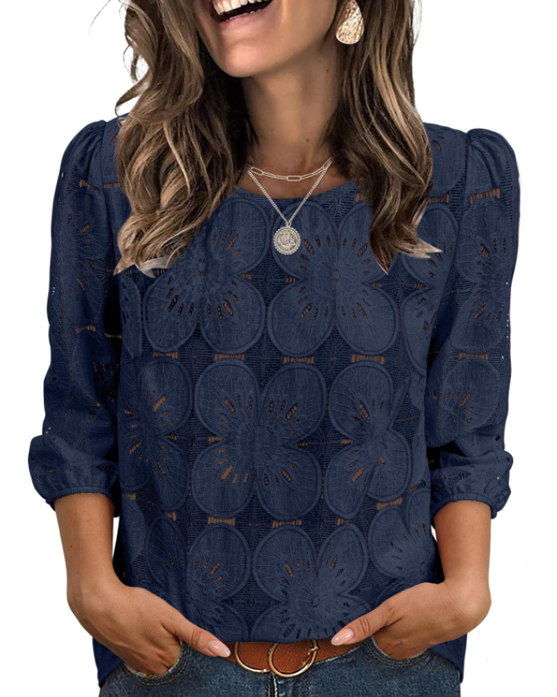 Nolia Blouse for Women – Eyelet Top with Voluminous 3/4 Sleeves, Elegant Casual Chic Style