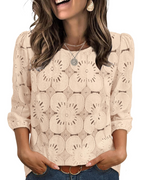 Nolia Blouse for Women – Eyelet Top with Voluminous 3/4 Sleeves, Elegant Casual Chic Style