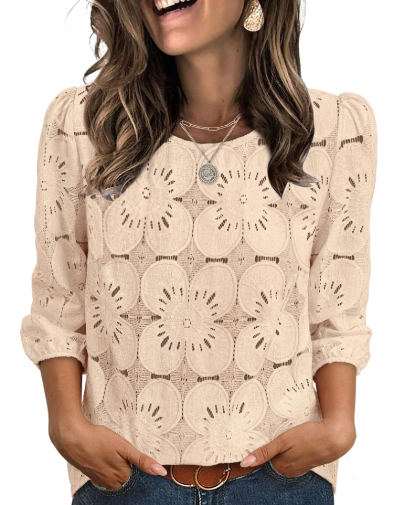 Nolia Blouse for Women – Eyelet Top with Voluminous 3/4 Sleeves, Elegant Casual Chic Style