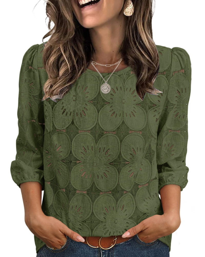 Nolia Blouse for Women – Eyelet Top with Voluminous 3/4 Sleeves, Elegant Casual Chic Style