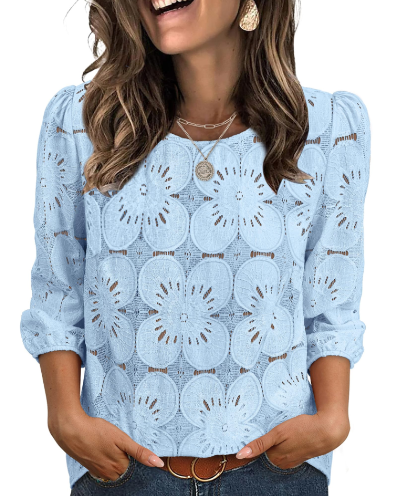 Nolia Blouse for Women – Eyelet Top with Voluminous 3/4 Sleeves, Elegant Casual Chic Style