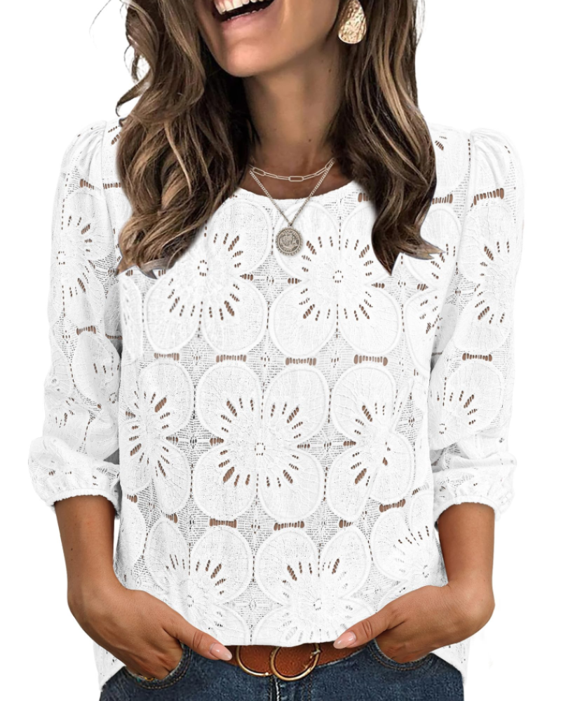 Nolia Blouse for Women – Eyelet Top with Voluminous 3/4 Sleeves, Elegant Casual Chic Style