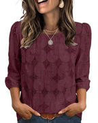 Nolia Blouse for Women – Eyelet Top with Voluminous 3/4 Sleeves, Elegant Casual Chic Style