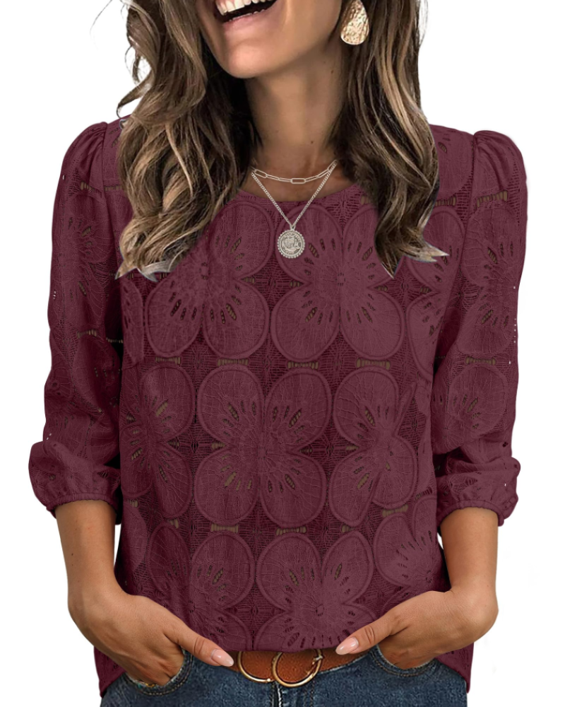 Nolia Blouse for Women – Eyelet Top with Voluminous 3/4 Sleeves, Elegant Casual Chic Style