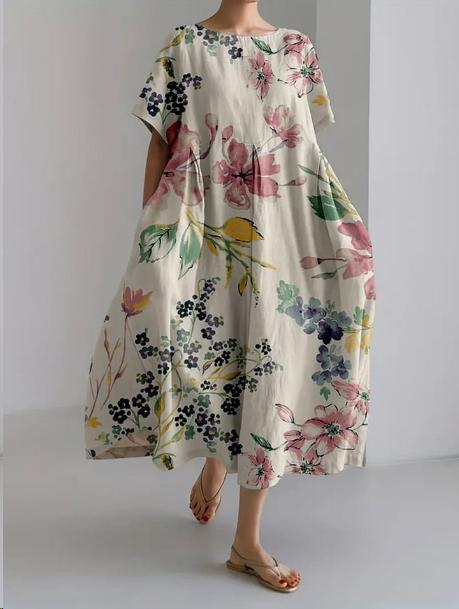 Sareno Midi Dress for Women – Light Floral Dress with Round Neck & Comfortable Cut