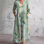Willa Long Dress for Women – Elegant Floral Dress with V-Neck & 3/4 Sleeves