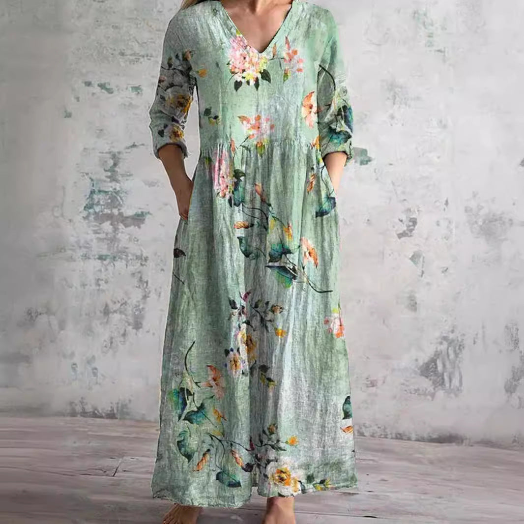 Willa Long Dress for Women – Elegant Floral Dress with V-Neck & 3/4 Sleeves