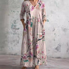 Willa Long Dress for Women – Elegant Floral Dress with V-Neck & 3/4 Sleeves