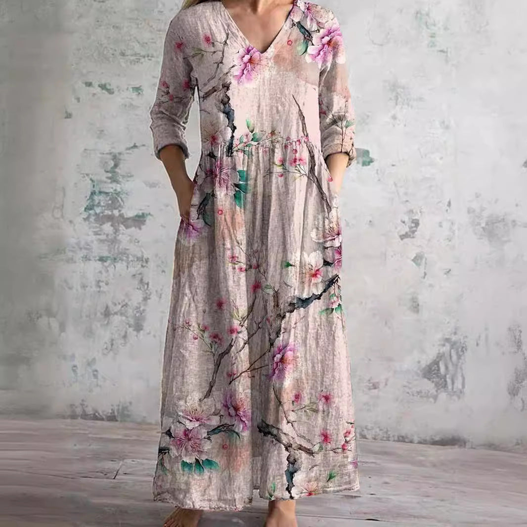 Willa Long Dress for Women – Elegant Floral Dress with V-Neck & 3/4 Sleeves