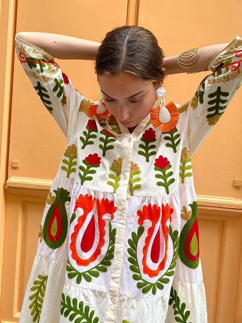 Celia Maxi Dress for Women – Long Cotton Dress with Boho Embroidery & Colorful Details