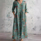 Willa Long Dress for Women – Elegant Floral Dress with V-Neck & 3/4 Sleeves