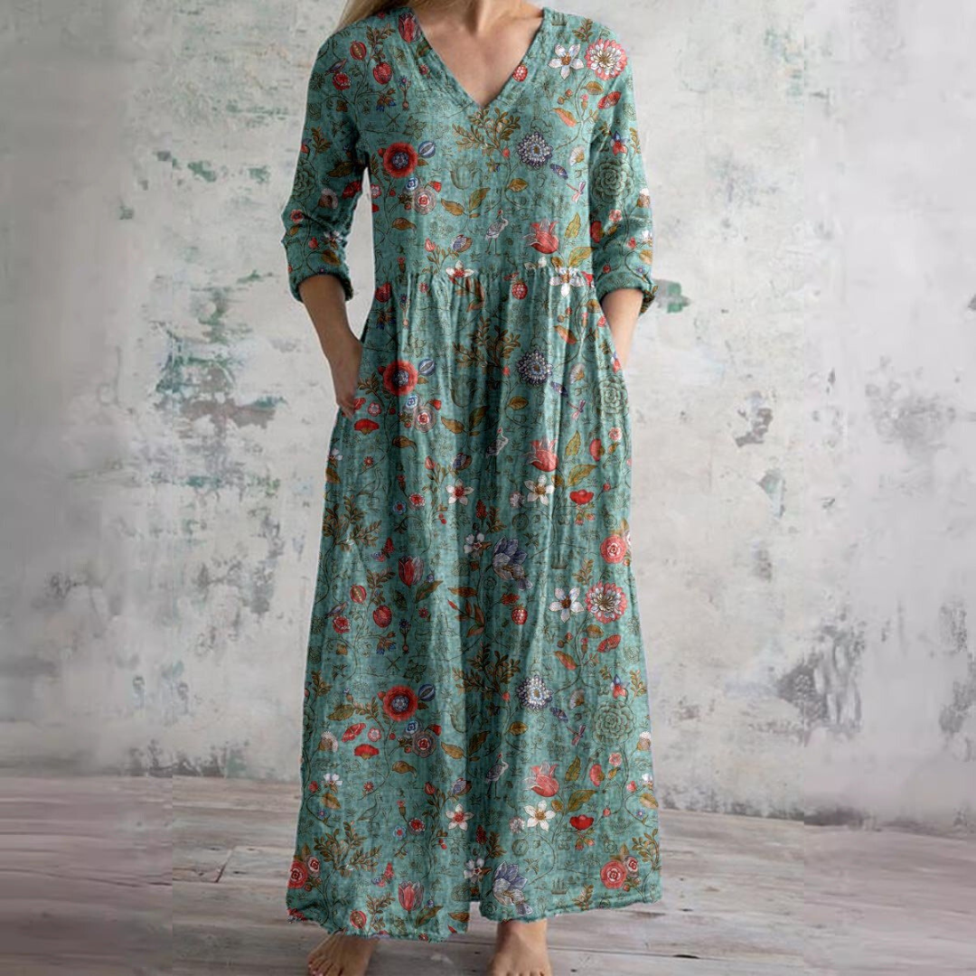 Willa Long Dress for Women – Elegant Floral Dress with V-Neck & 3/4 Sleeves
