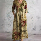 Willa Long Dress for Women – Elegant Floral Dress with V-Neck & 3/4 Sleeves
