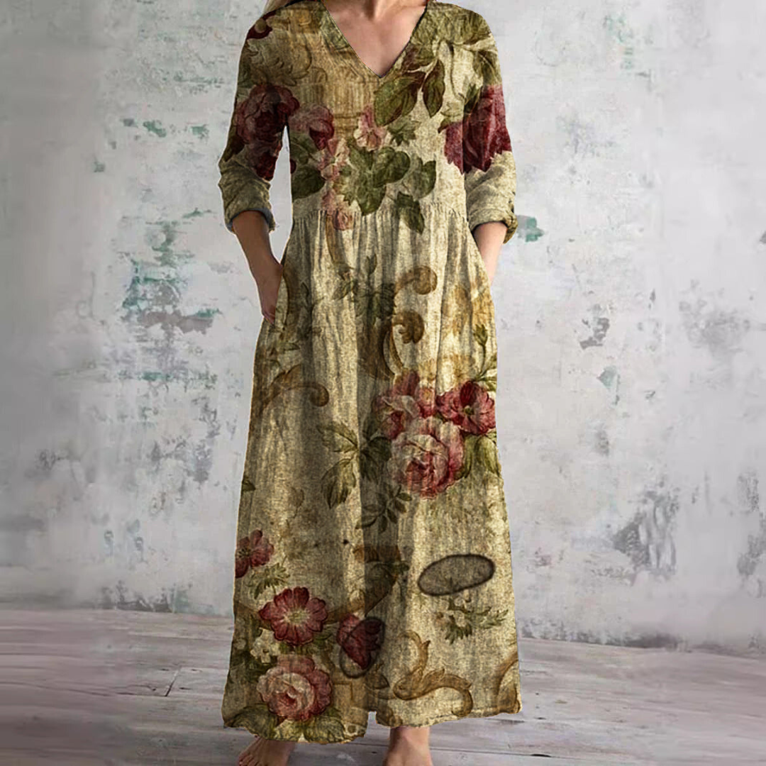 Willa Long Dress for Women – Elegant Floral Dress with V-Neck & 3/4 Sleeves