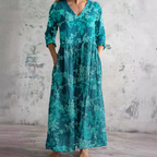 Willa Long Dress for Women – Elegant Floral Dress with V-Neck & 3/4 Sleeves