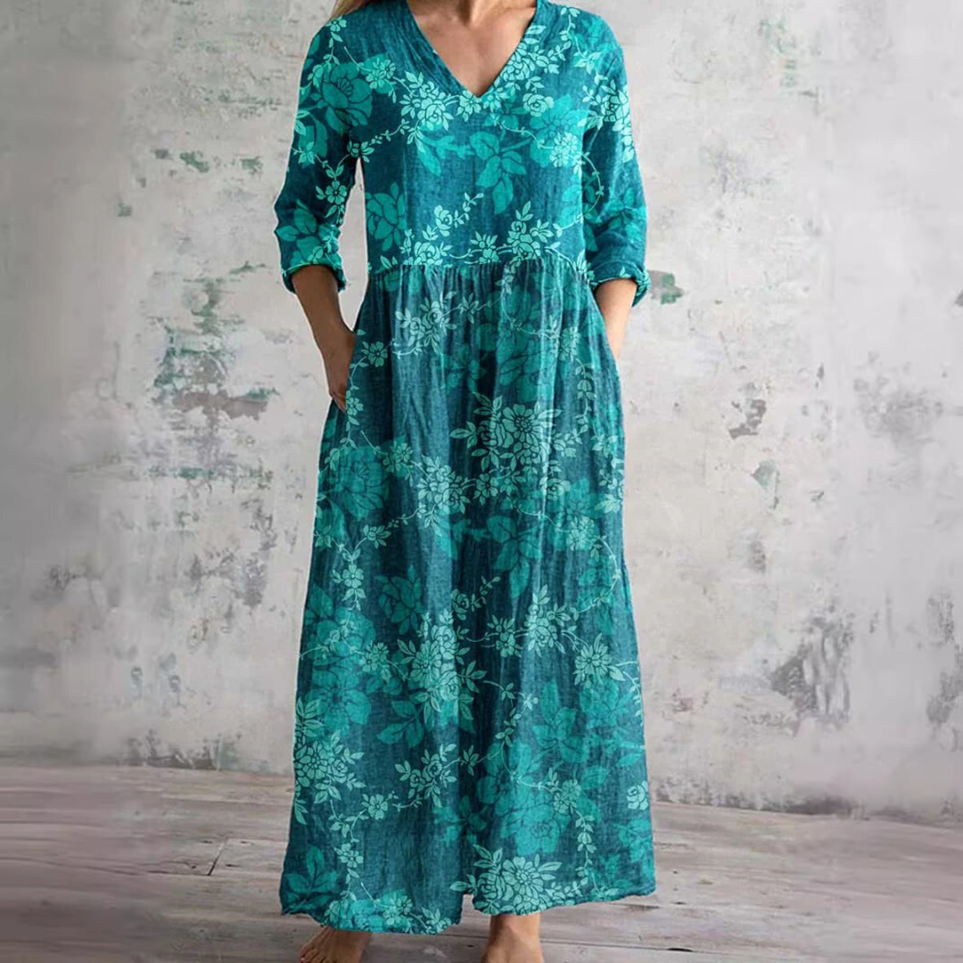 Willa Long Dress for Women – Elegant Floral Dress with V-Neck & 3/4 Sleeves