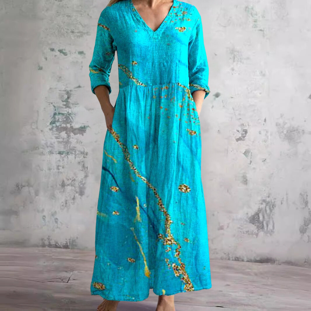 Willa Long Dress for Women – Elegant Floral Dress with V-Neck & 3/4 Sleeves