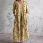 Willa Long Dress for Women – Elegant Floral Dress with V-Neck & 3/4 Sleeves