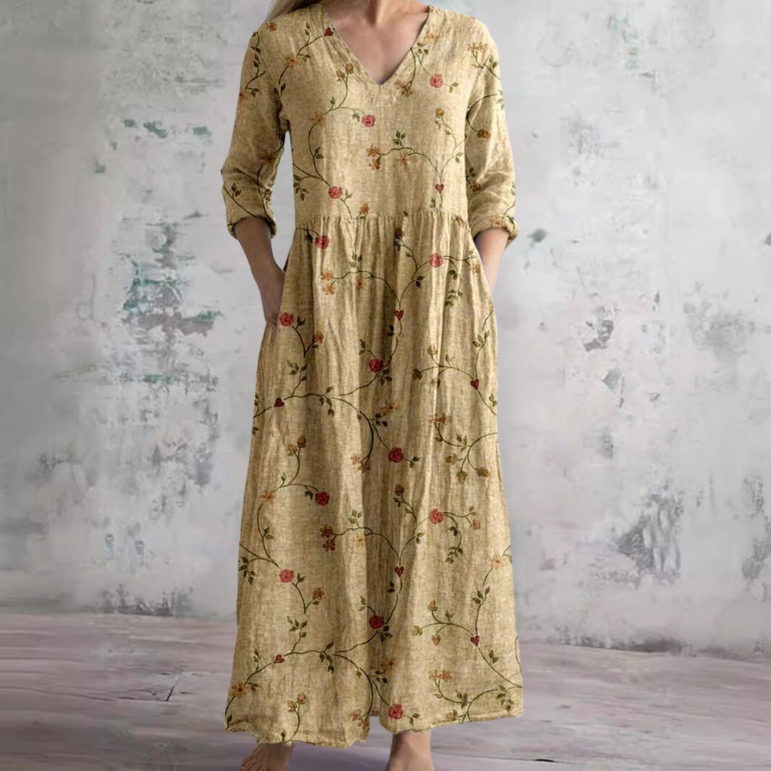 Willa Long Dress for Women – Elegant Floral Dress with V-Neck & 3/4 Sleeves