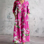 Willa Long Dress for Women – Elegant Floral Dress with V-Neck & 3/4 Sleeves
