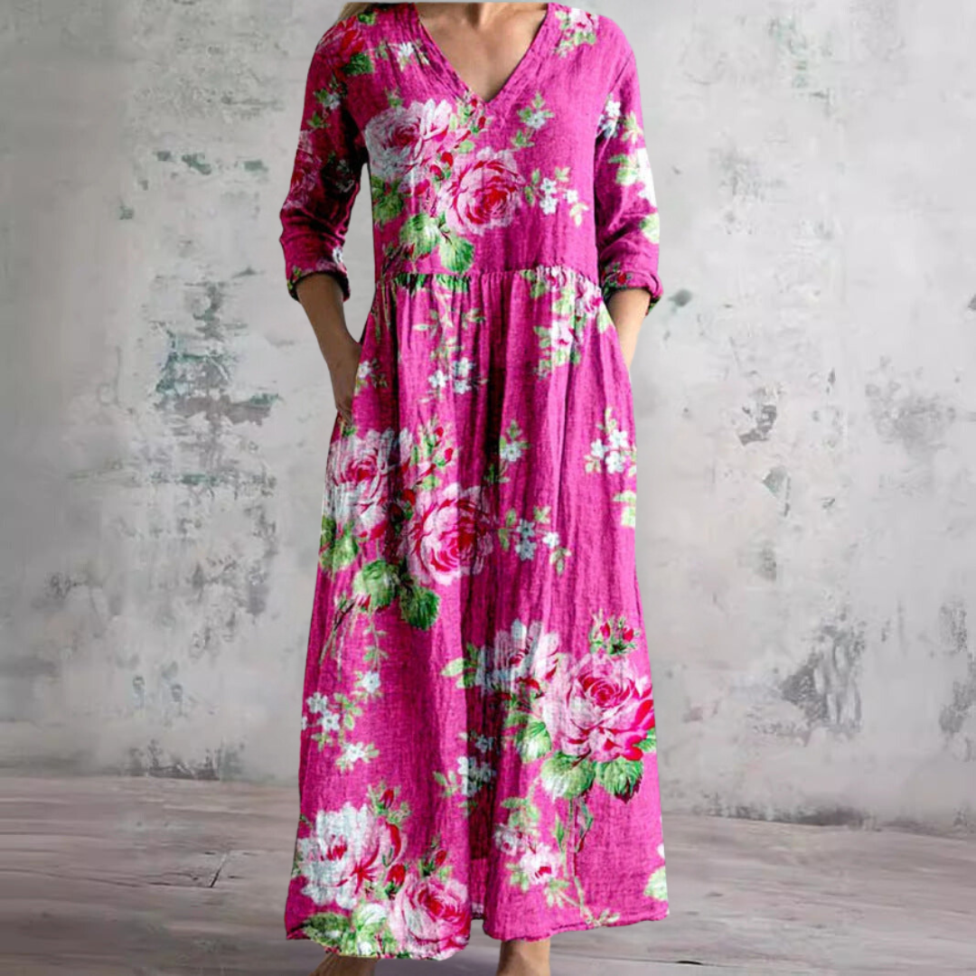 Willa Long Dress for Women – Elegant Floral Dress with V-Neck & 3/4 Sleeves