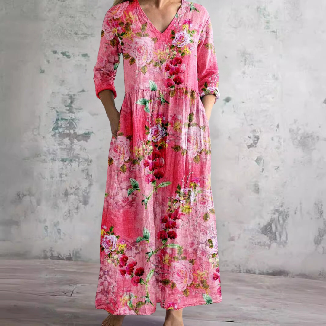 Willa Long Dress for Women – Elegant Floral Dress with V-Neck & 3/4 Sleeves