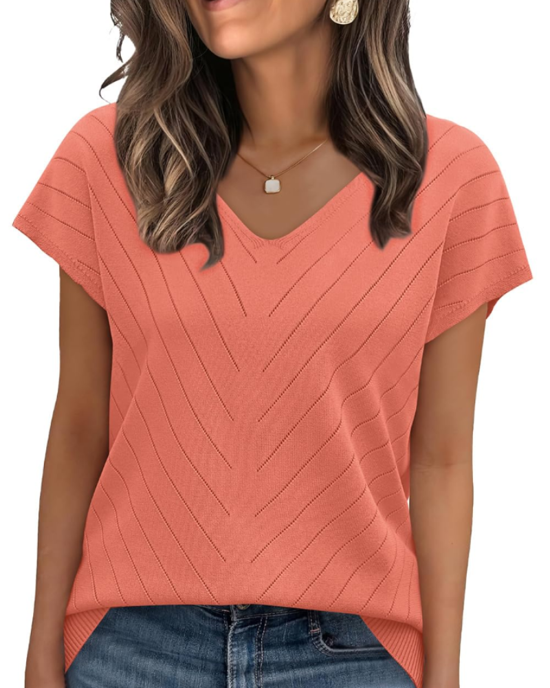 Orina Top for Women – Light Short-Sleeve V-Neck Sweater, Chic & Business Casual Style