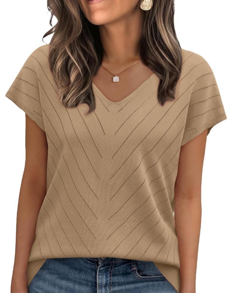 Orina Top for Women – Light Short-Sleeve V-Neck Sweater, Chic & Business Casual Style