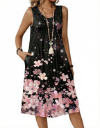 Zita Dress for Women – Sleeveless V-Neck, A-Line Midi Cut & Pockets, Pleated Waist, Summer