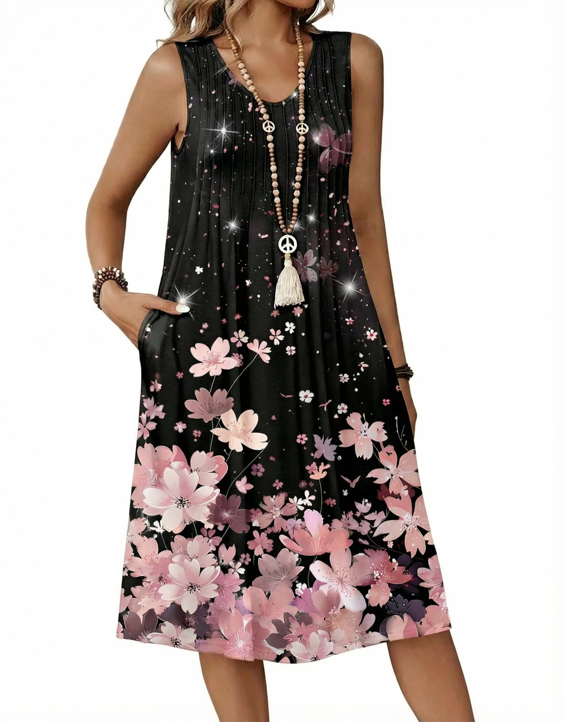 Zita Dress for Women – Sleeveless V-Neck, A-Line Midi Cut & Pockets, Pleated Waist, Summer