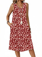 Zita Dress for Women – Sleeveless V-Neck, A-Line Midi Cut & Pockets, Pleated Waist, Summer
