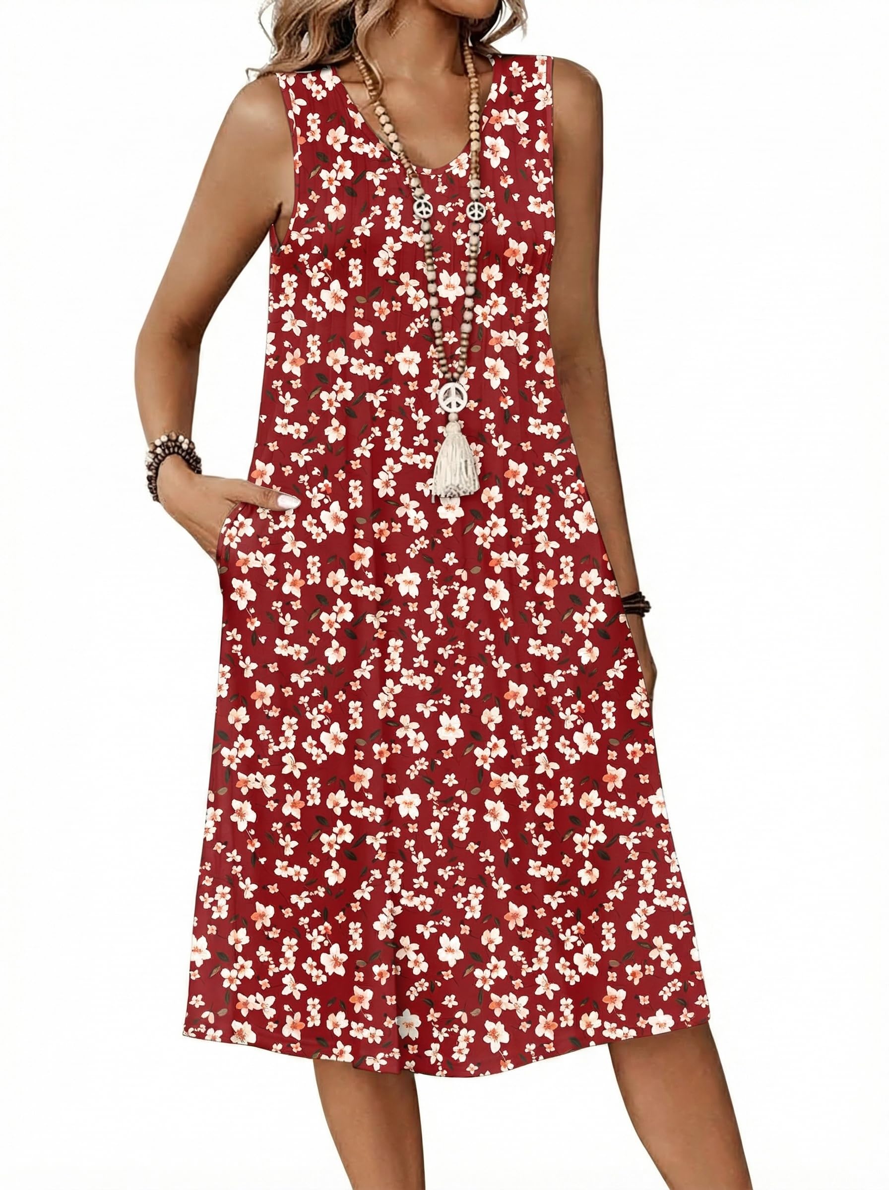 Zita Dress for Women – Sleeveless V-Neck, A-Line Midi Cut & Pockets, Pleated Waist, Summer