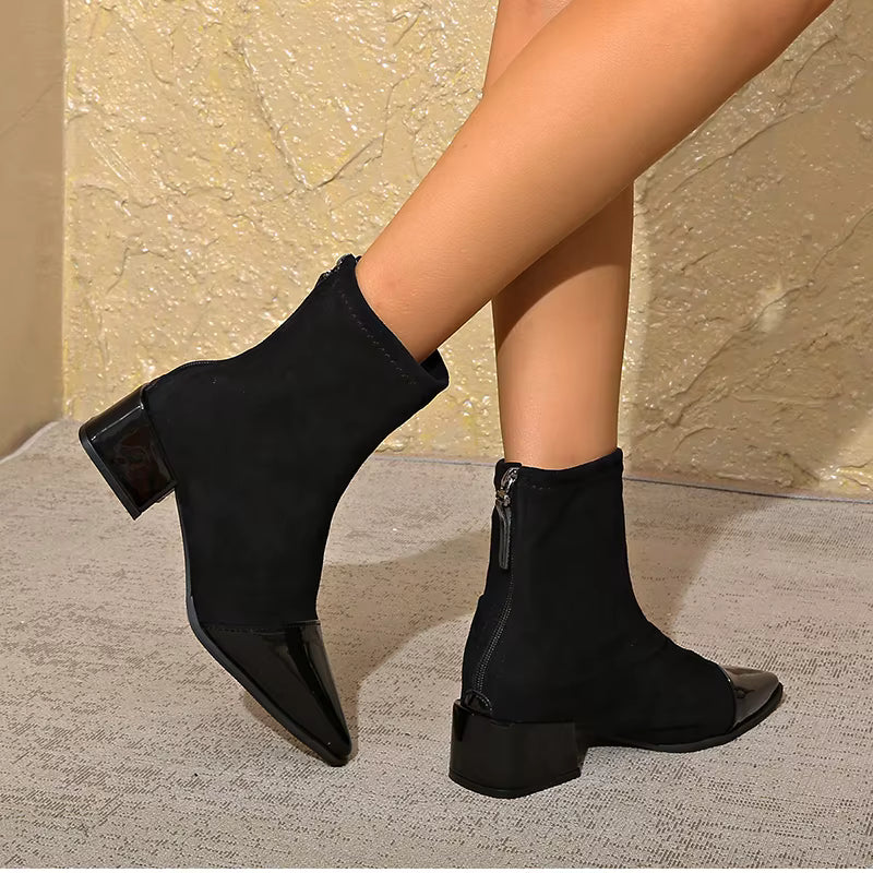 Gracia Ankle Boots for Women – Elegant Suede Boots with Patent Details & Comfortable Block Heel