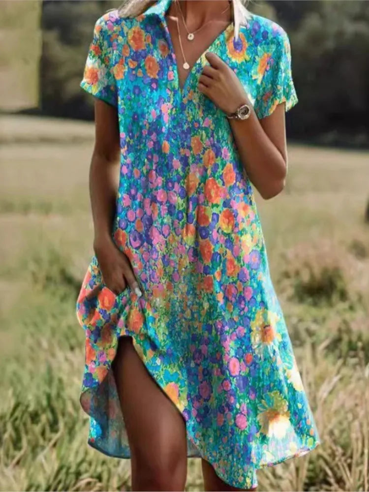 Jeanne Dress for Women – Elegant V-Neck Dress with Buttons, Flattering Cut & Timeless Floral Pattern