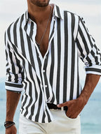 James Summer Shirt for Men – Light Blue Striped Shirt in Blended Linen and Cotton with Relaxed Cut