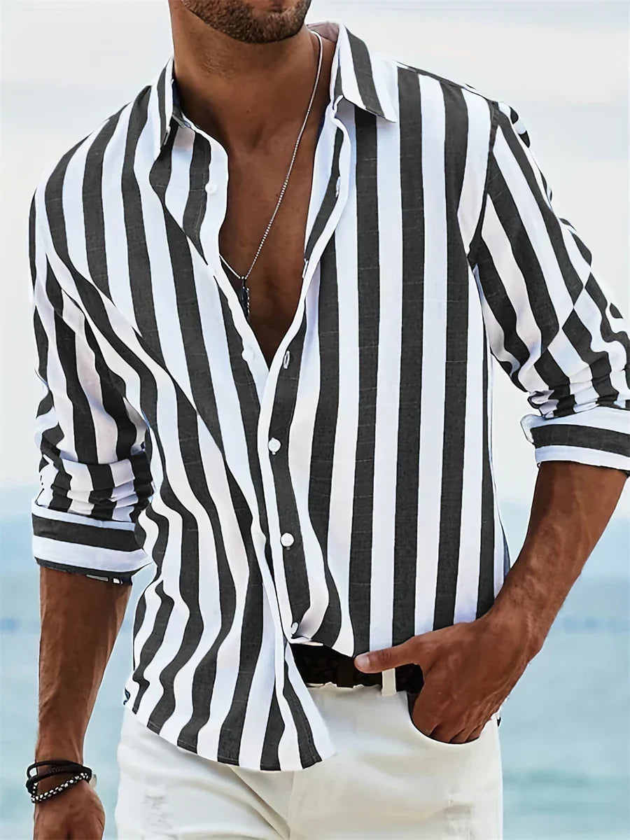 James Summer Shirt for Men – Light Blue Striped Shirt in Blended Linen and Cotton with Relaxed Cut