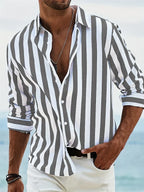 James Summer Shirt for Men – Light Blue Striped Shirt in Blended Linen and Cotton with Relaxed Cut