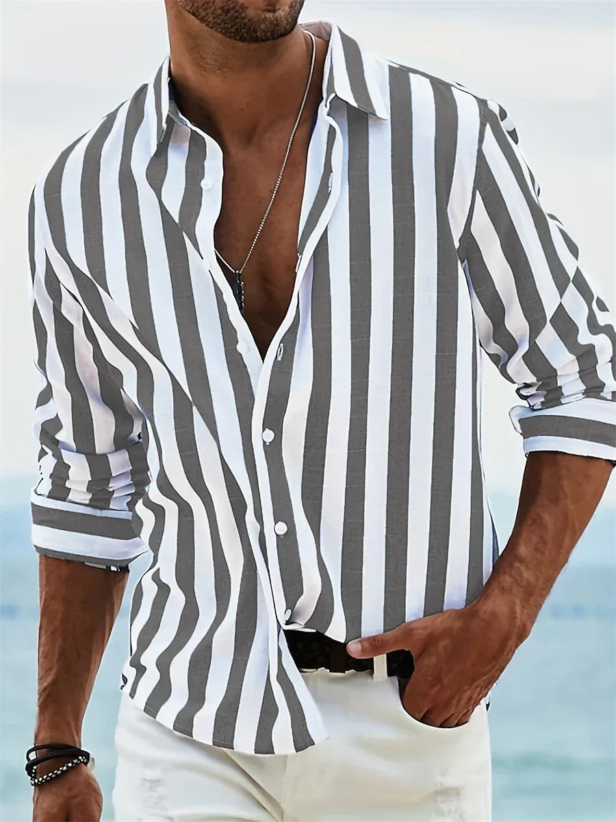 James Summer Shirt for Men – Light Blue Striped Shirt in Blended Linen and Cotton with Relaxed Cut
