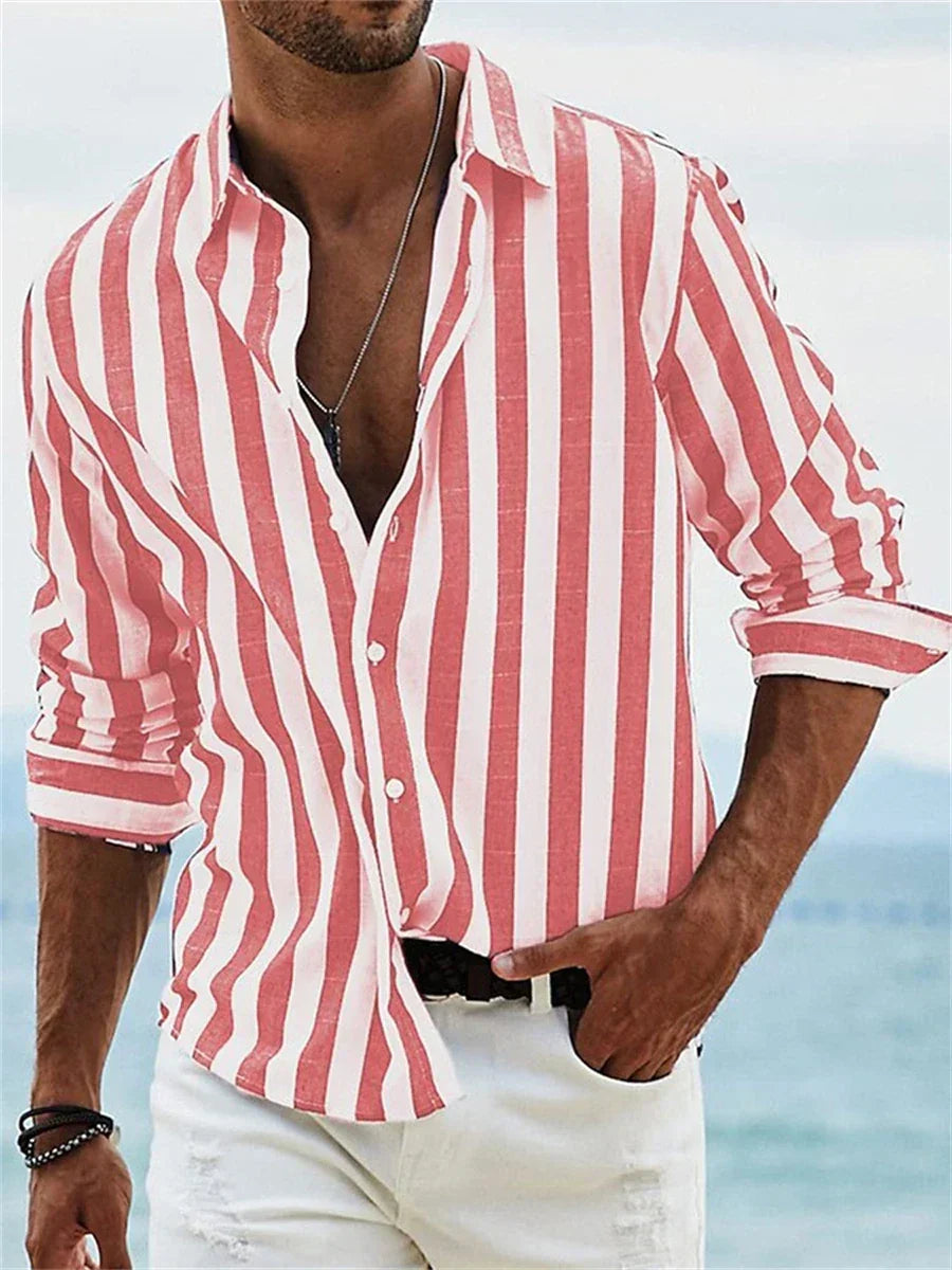 James Summer Shirt for Men – Light Blue Striped Shirt in Blended Linen and Cotton with Relaxed Cut