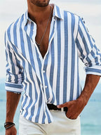 James Summer Shirt for Men – Light Blue Striped Shirt in Blended Linen and Cotton with Relaxed Cut