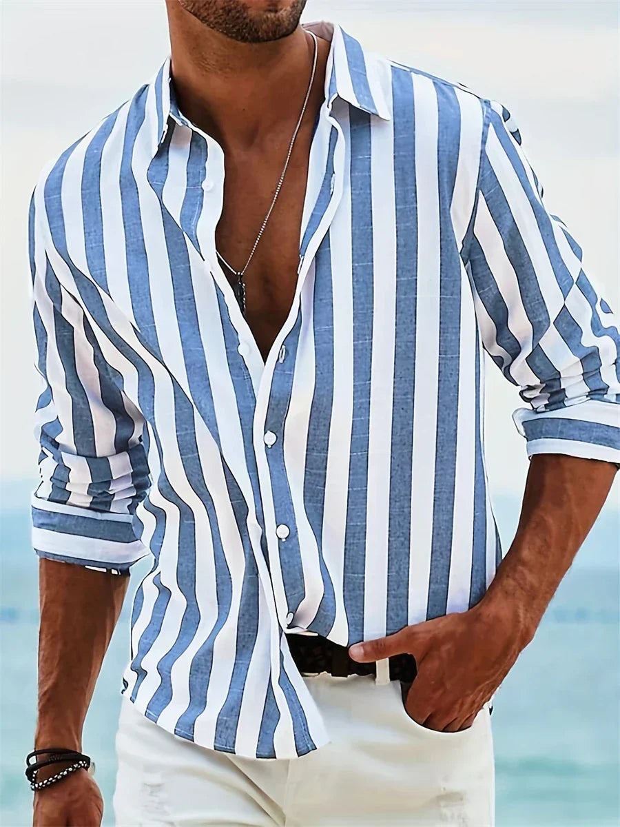 James Summer Shirt for Men – Light Blue Striped Shirt in Blended Linen and Cotton with Relaxed Cut