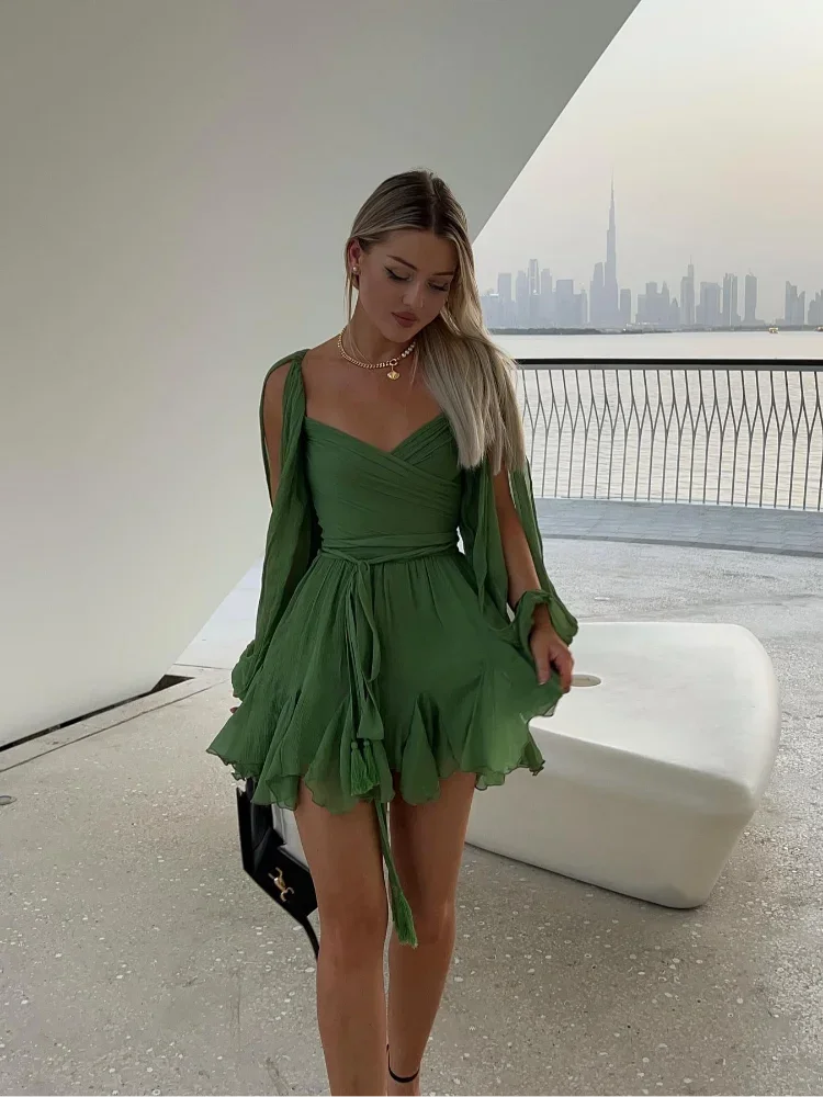 Jasmine Mini Dress for Women – Sexy Green Pleated Dress with Long Sleeves & V-Neckline