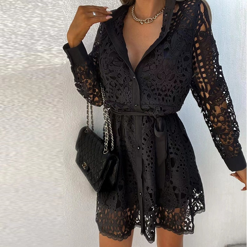 Dionne Lace Dress for Women – Elegant Long-Sleeve Dress with V-Neckline