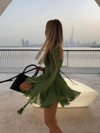 Jasmine Mini Dress for Women – Sexy Green Pleated Dress with Long Sleeves & V-Neckline