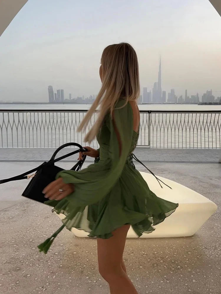 Jasmine Mini Dress for Women – Sexy Green Pleated Dress with Long Sleeves & V-Neckline