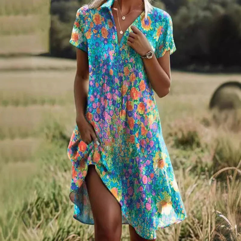 Jeanne Dress for Women – Elegant V-Neck Dress with Buttons, Flattering Cut & Timeless Floral Pattern