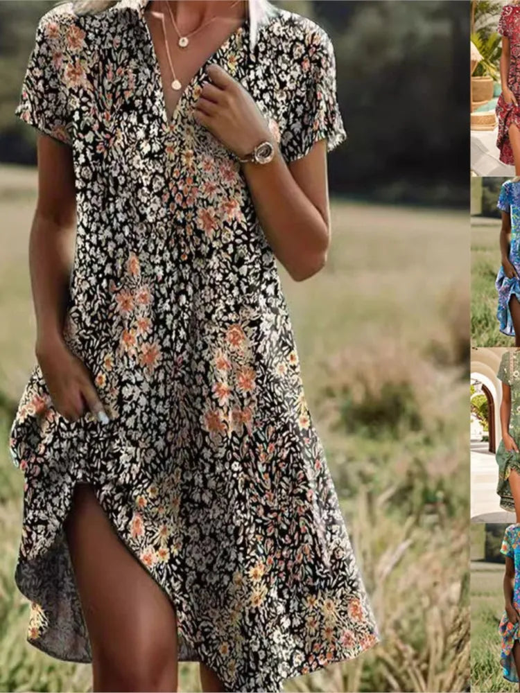 Jeanne Dress for Women – Elegant V-Neck Dress with Buttons, Flattering Cut & Timeless Floral Pattern