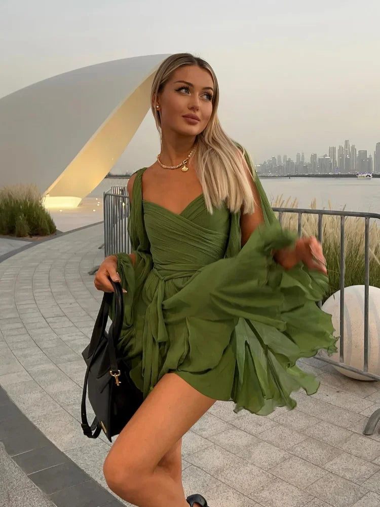 Jasmine Mini Dress for Women – Sexy Green Pleated Dress with Long Sleeves & V-Neckline