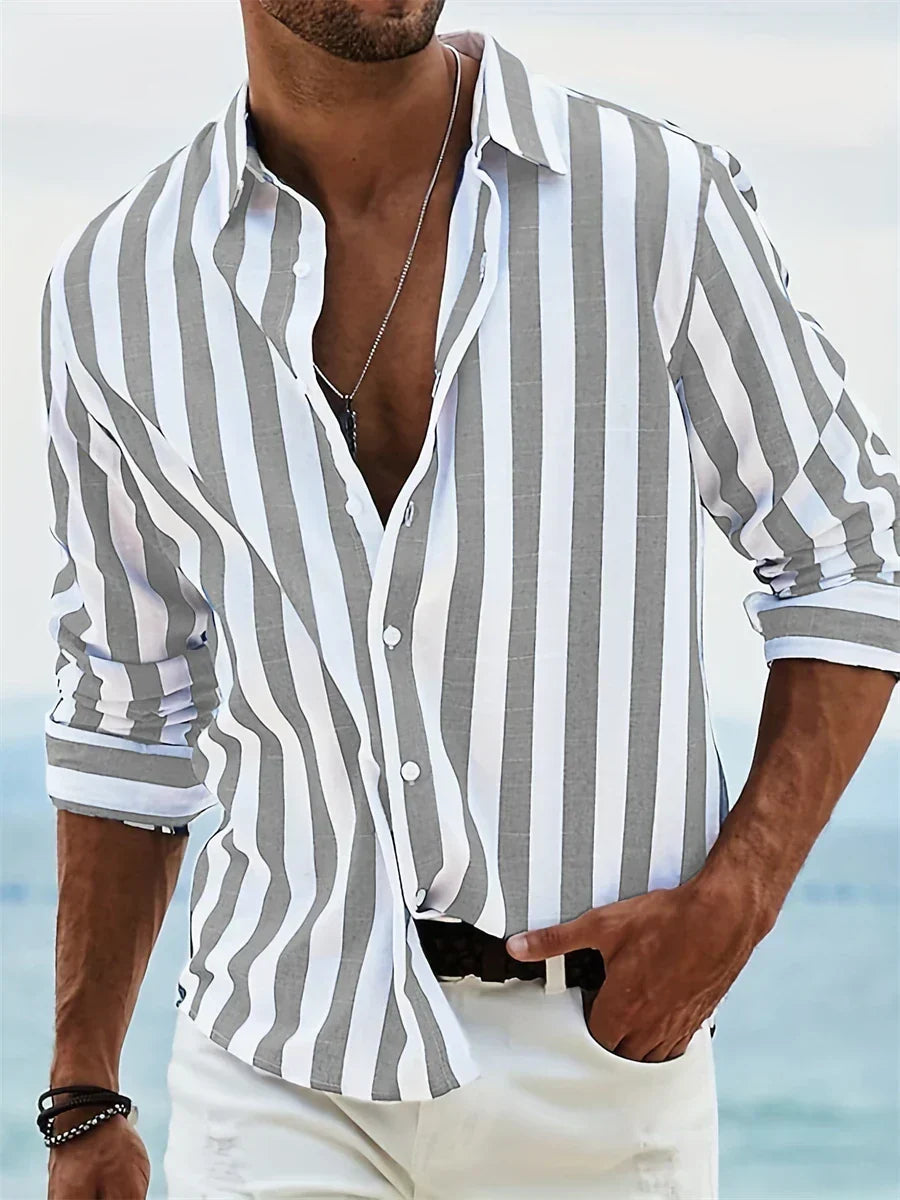 James Summer Shirt for Men – Light Blue Striped Shirt in Blended Linen and Cotton with Relaxed Cut